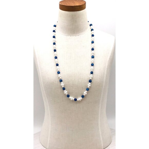 Vintage Blue White Glass Beaded Necklace with orange accent - Picture 2 of 3